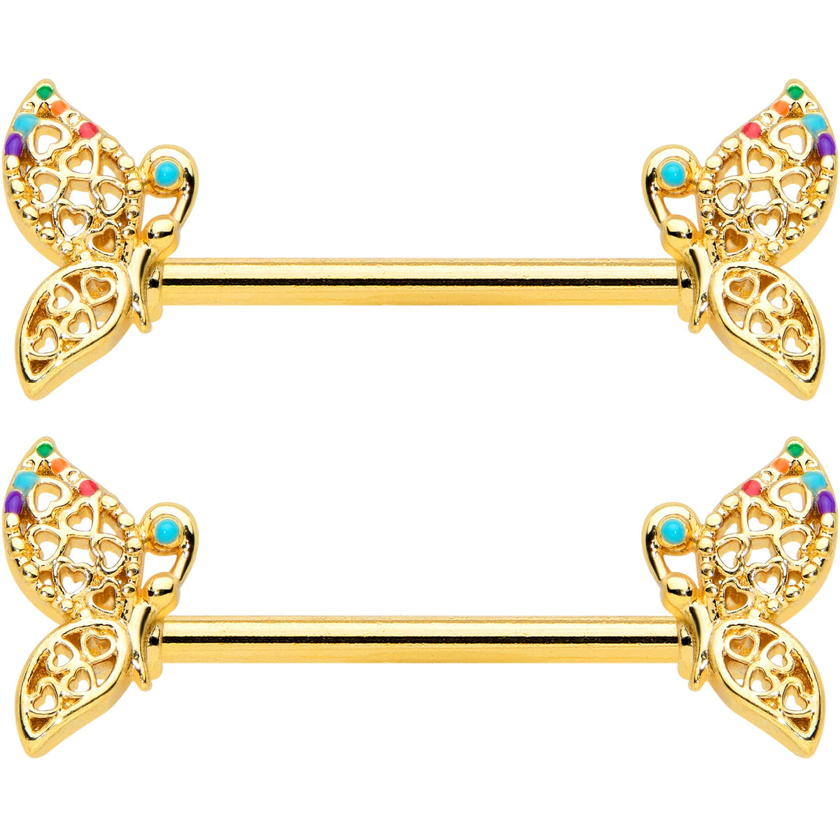 14G 9/16 Clear CZ Gem Gold Tone Heart Butterfly Nipple Ring Set