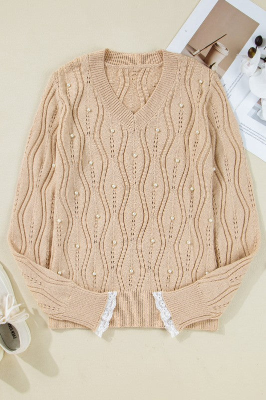 Pearl Beaded Pointelle Knit V-Neck Lace Trim Sweat