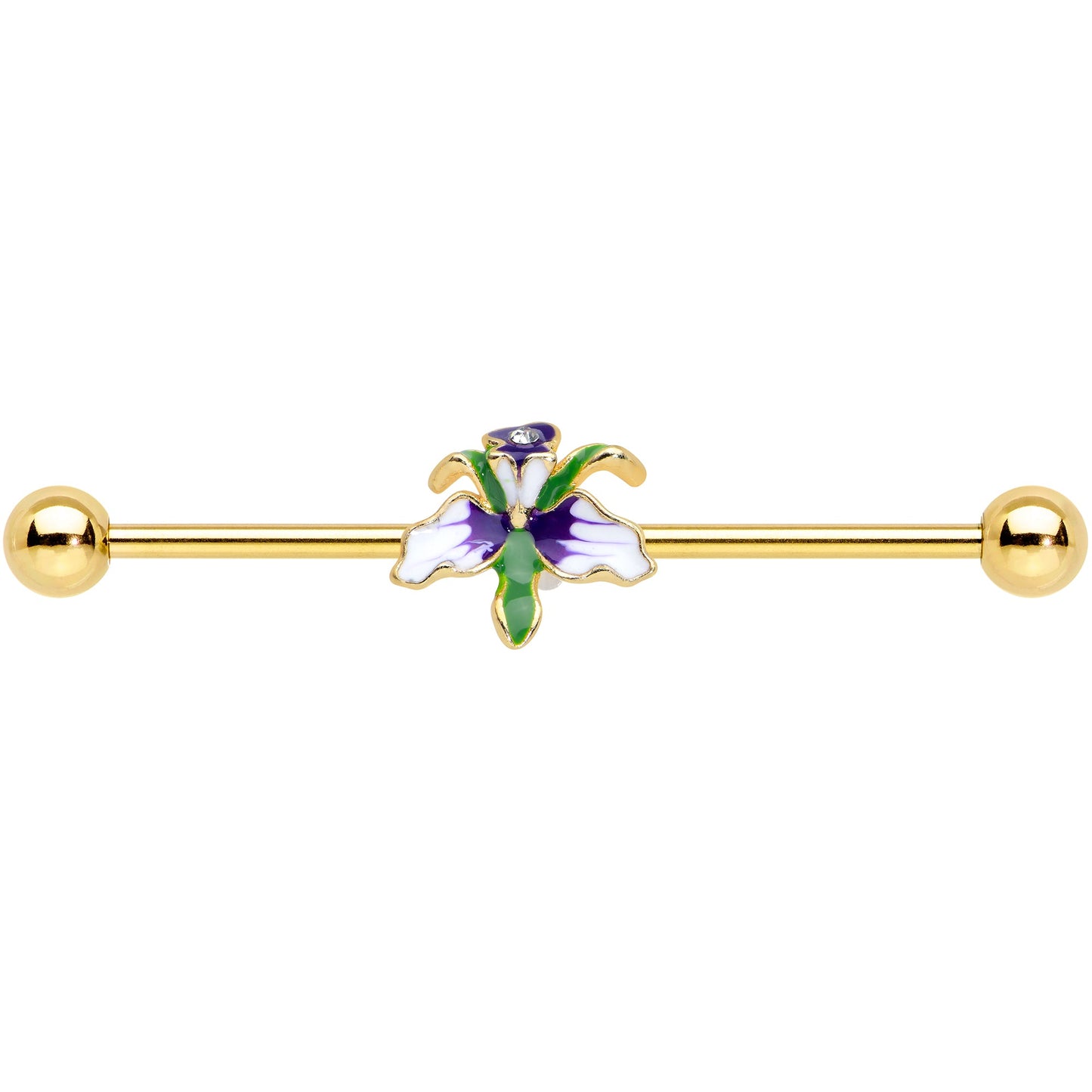 14G Clear Gem Gold Tone Iris Flower Industrial Barbell 38mm