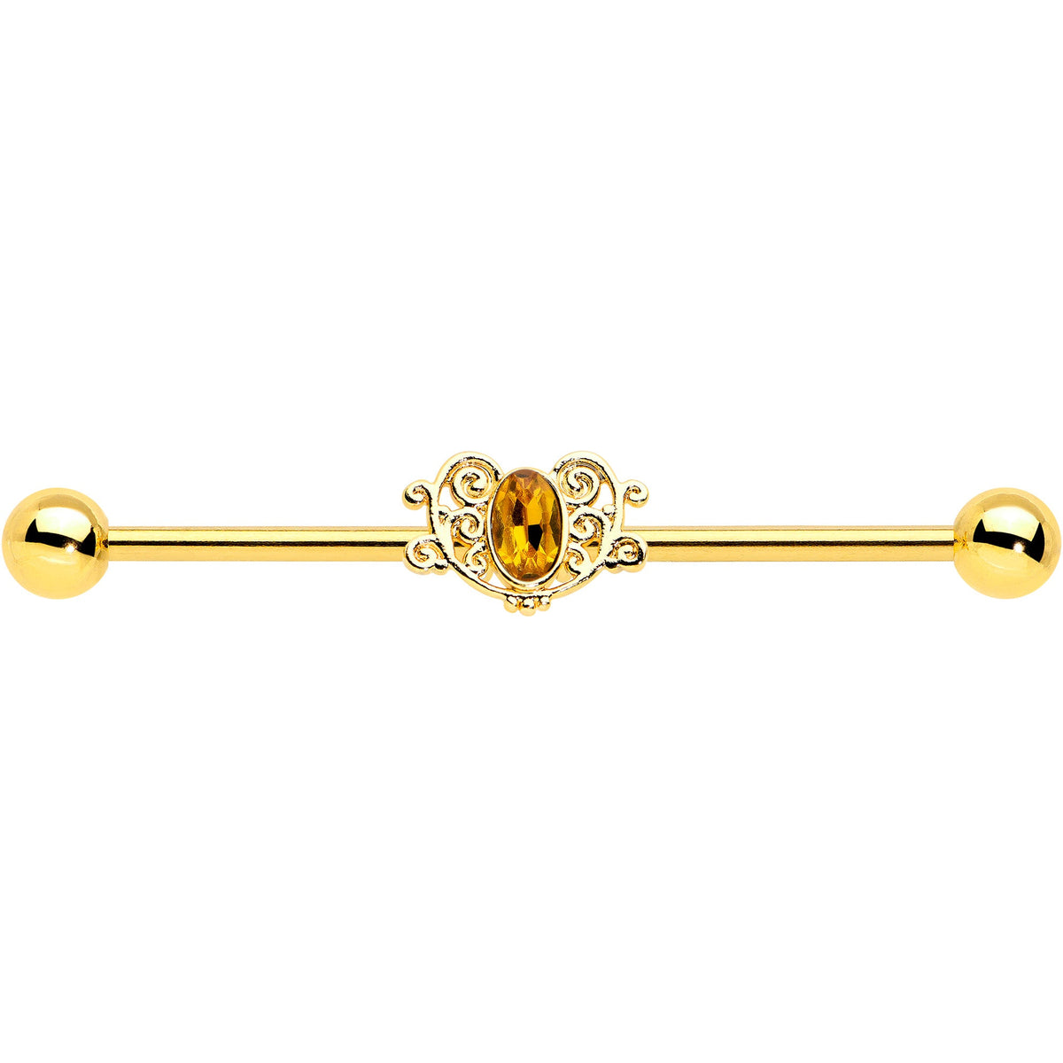 14G Yellow Gem Gold Tone Duet Scroll Industrial Barbell 38mm