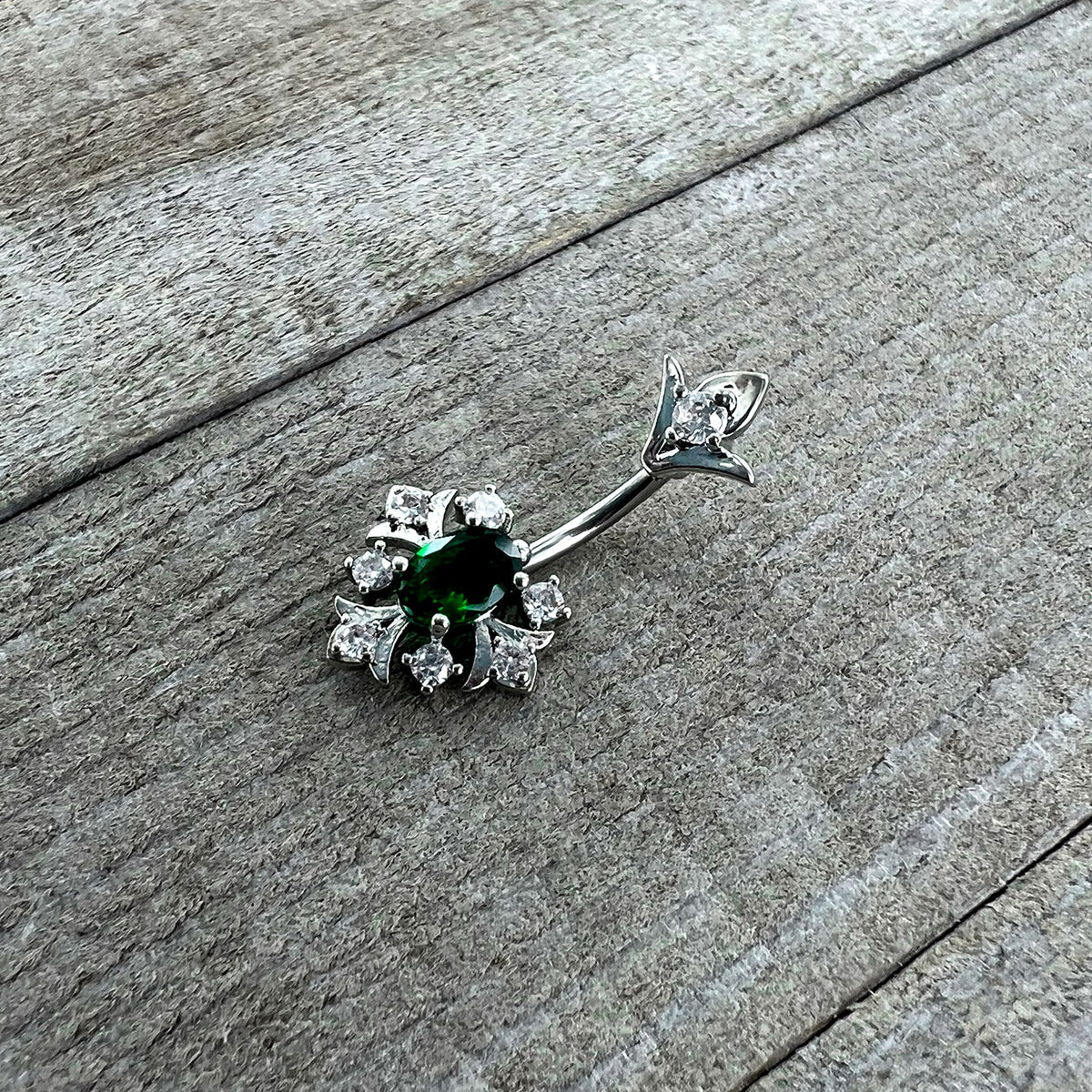 Green Clear Gem Ornate Art Deco Double Mount Belly Ring