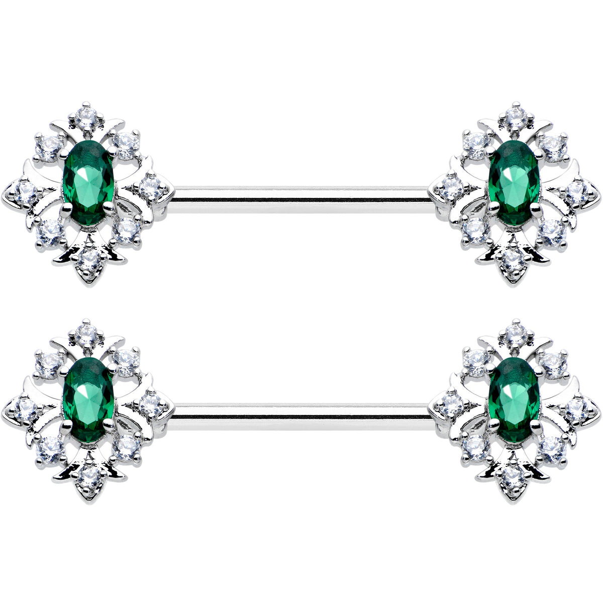 14G 9/16 Clear Green Gem Ornate Art Deco Barbell Nipple Ring Set