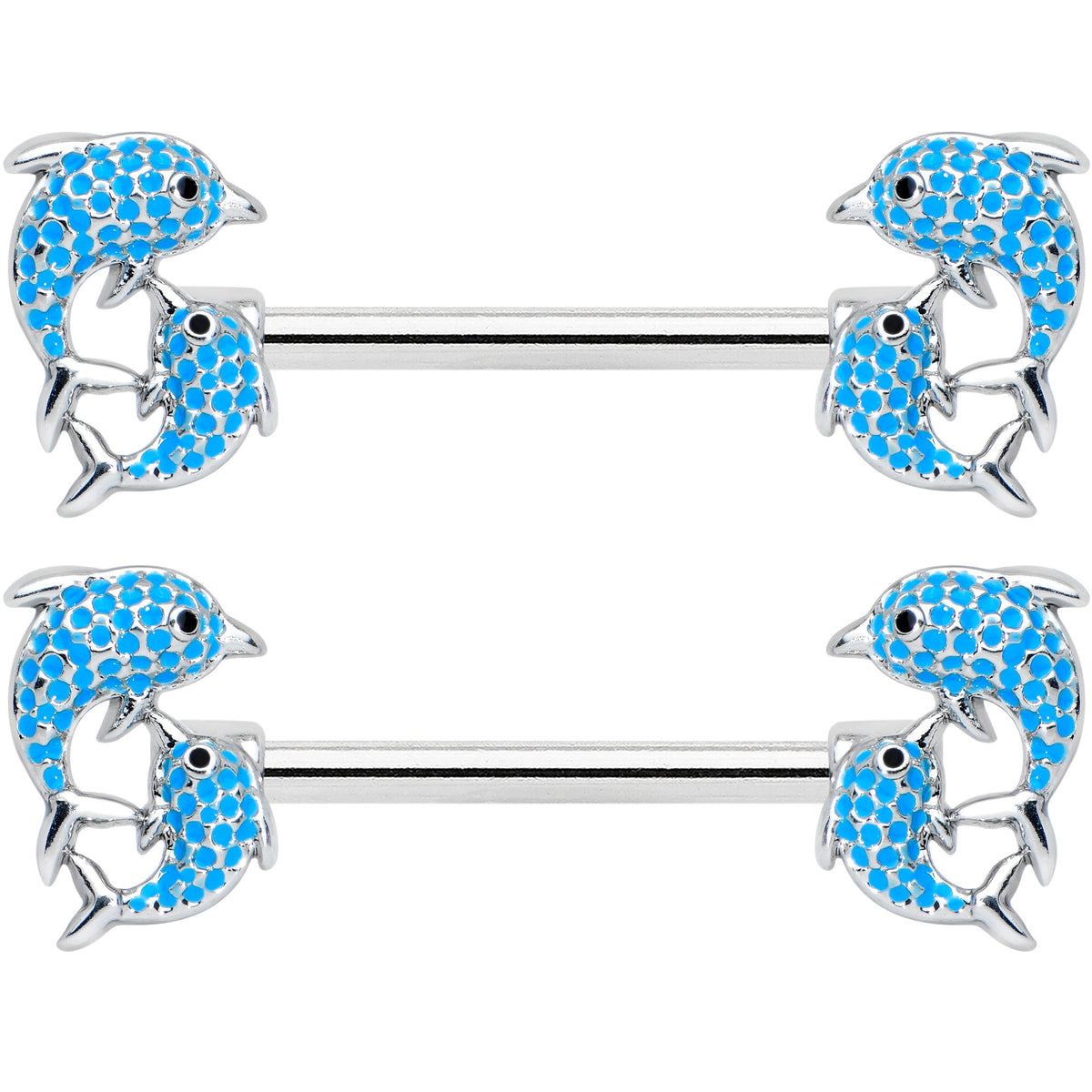 14G 9/16 Black Blue Gem Leaping Dolphin Barbell Nipple Ring Set