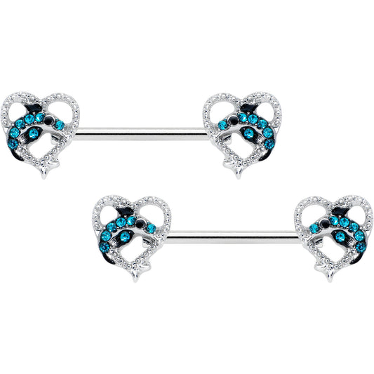 14G 9/16 Clear Blue Gem Dolphin Heart Barbell Nipple Ring Set