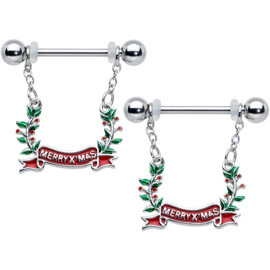 14G 9/16 Festive Merry Christmas Chain Dangle Nipple Ring Set