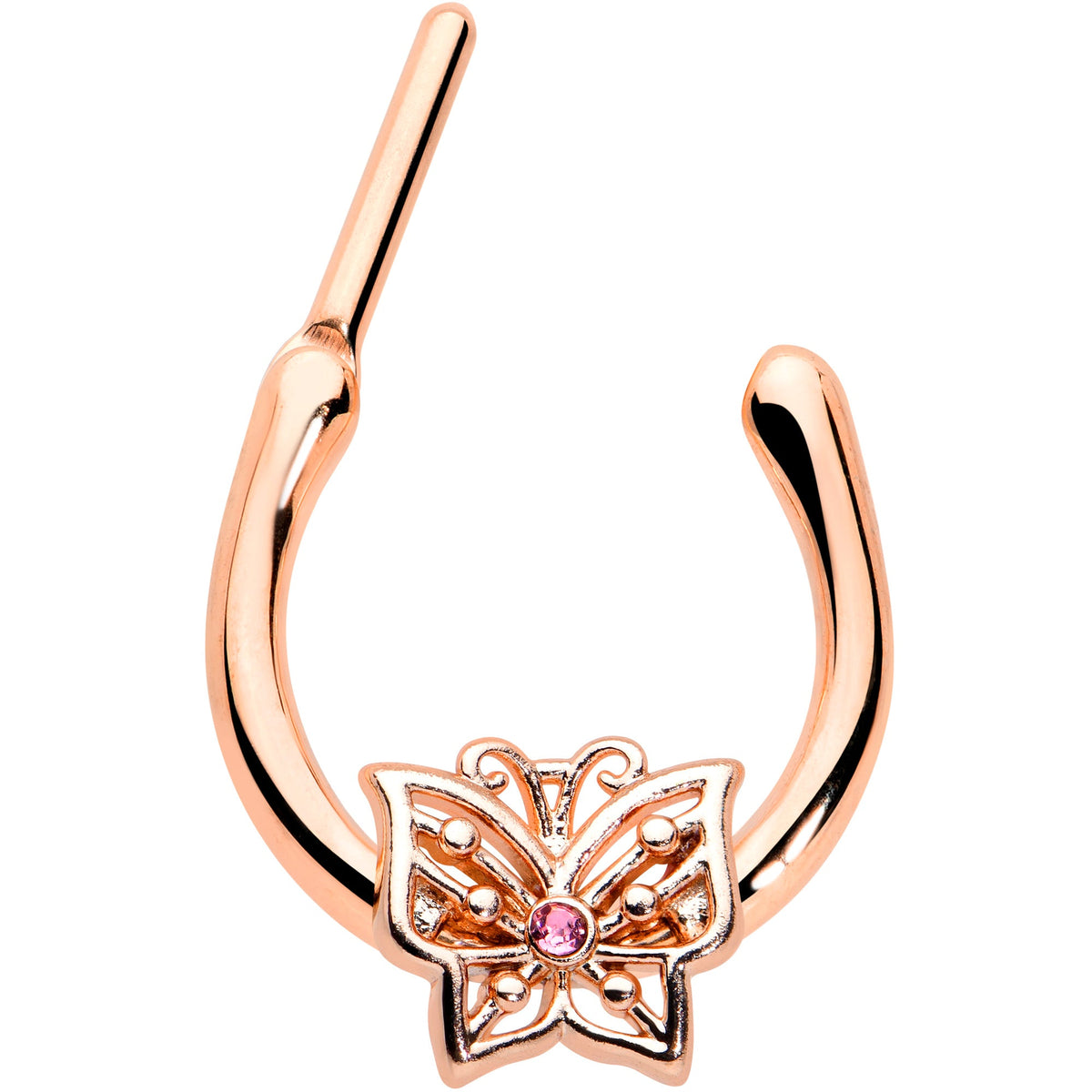 16G 5/16 Pink CZ Gem Rose Gold Tone Butterfly Cartilage Clicker