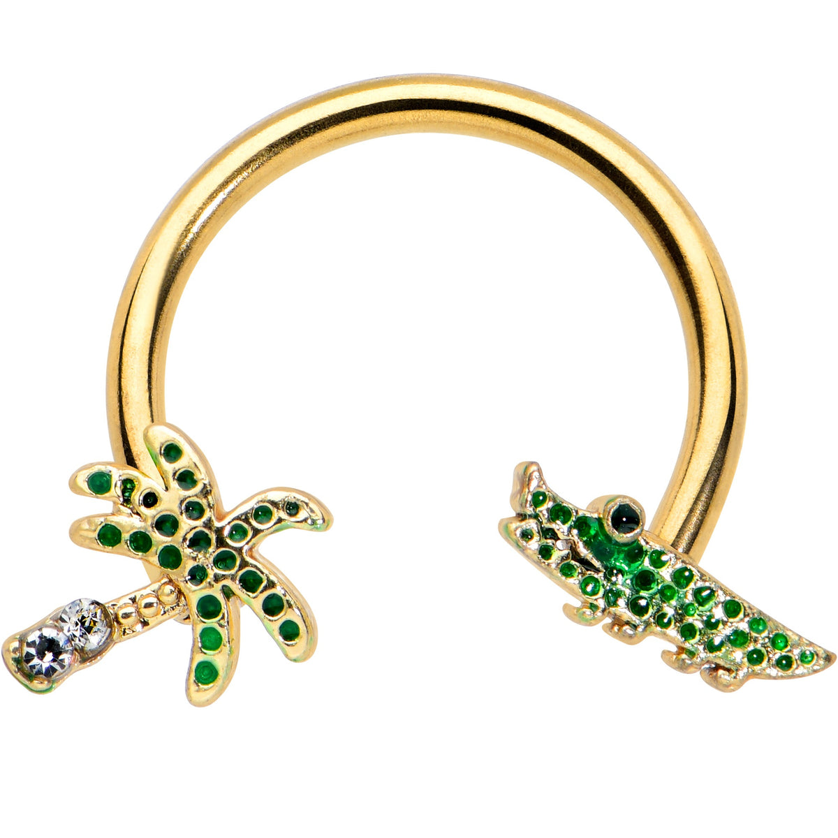 16G 3/8 Gold Tone Green Gator Palm Tree Horseshoe Curved Barbell