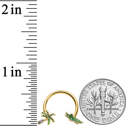 16G 3/8 Gold Tone Green Gator Palm Tree Horseshoe Curved Barbell