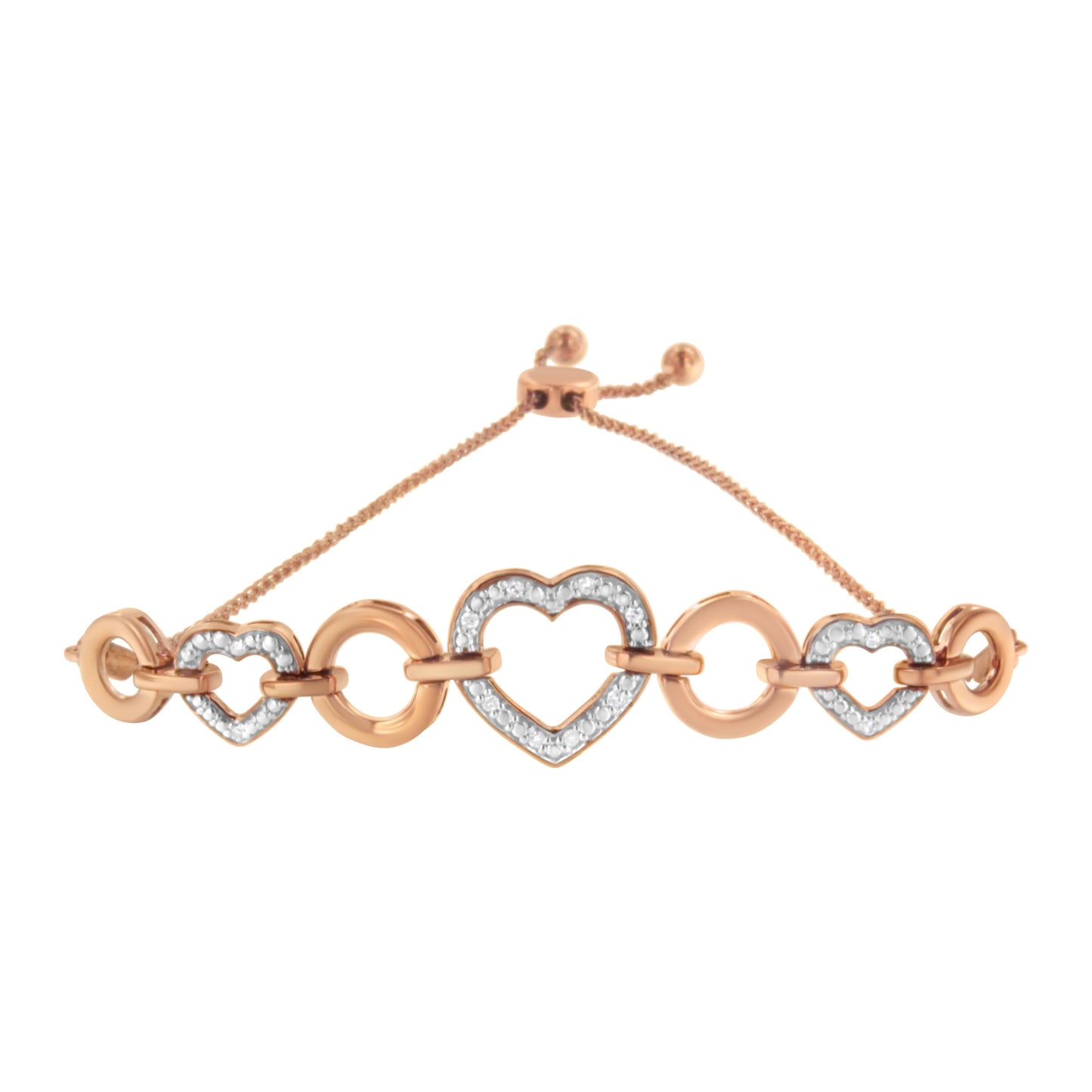 14K Rose Gold Plated .925 Sterling Silver Diamond Accent Circle and Heart Link Adjustable 6â€-10â€ Bolo Bracelet (I-J Color, I3 Clarity)