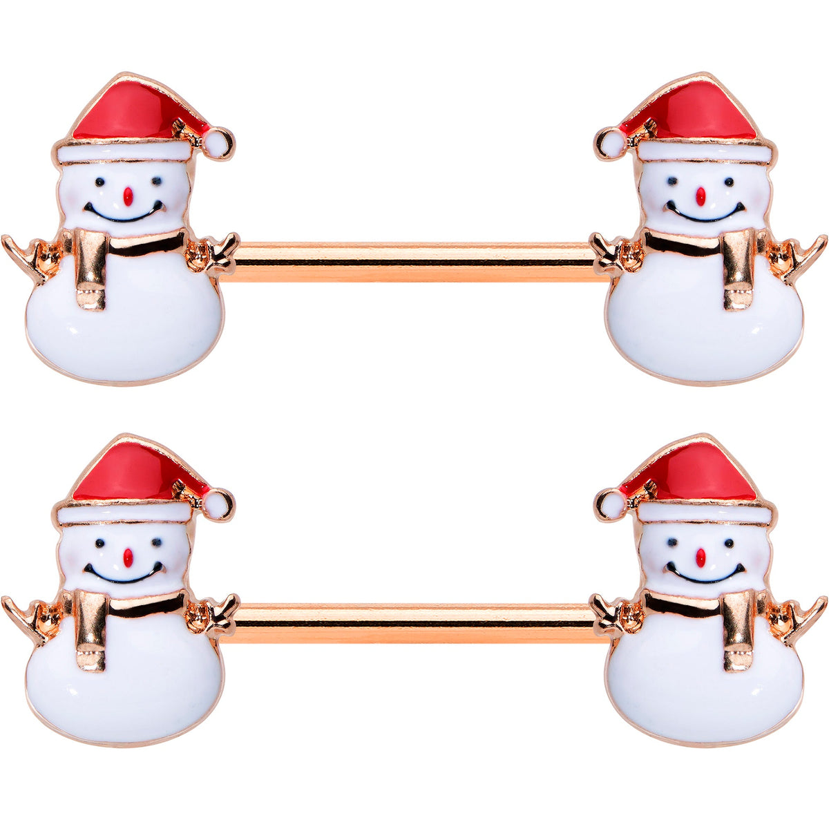 14G 9/16 Rose Gold Tone Smiling Snowman Christmas Nipple Ring Set