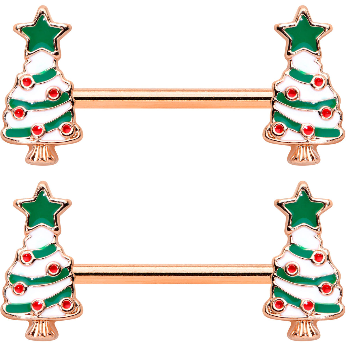 14G 9/16 Red Gem Rose Gold Tone Christmas Tree Nipple Ring Set