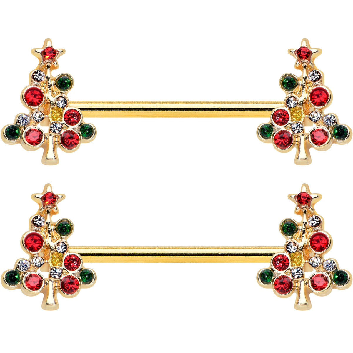 14G 9/16 Red Gem Gold Tone Christmas Tree Nipple Ring Set