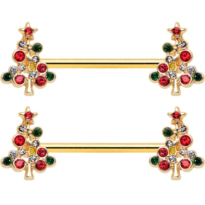14G 9/16 Red Gem Gold Tone Christmas Tree Nipple Ring Set