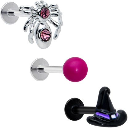 16G 5/16 Pink Gem Spider Witch Halloween Labret Tragus Set of 3