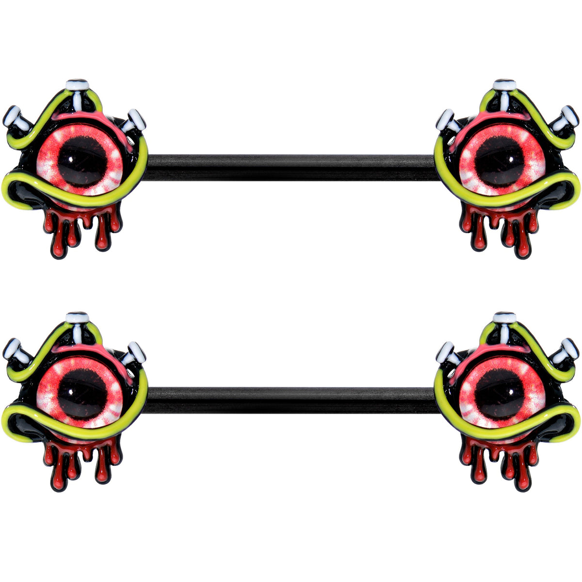 14G 9/16 Black Spiky Eyeball Halloween Barbell Nipple Ring Set