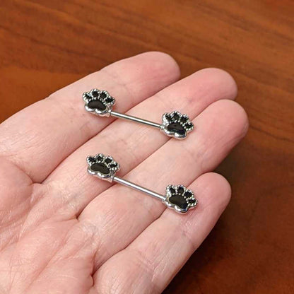 14G 9/16 Textured Black Paw Print Barbell Nipple Ring Set