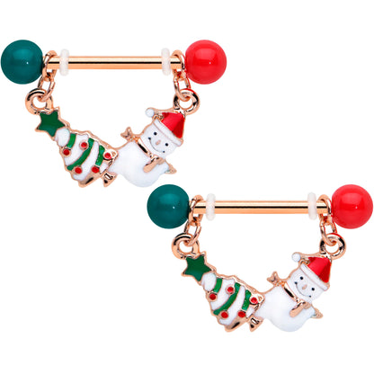 14G 1/2 Red Green Rose Gold Tone Christmas Tree Nipple Ring Set