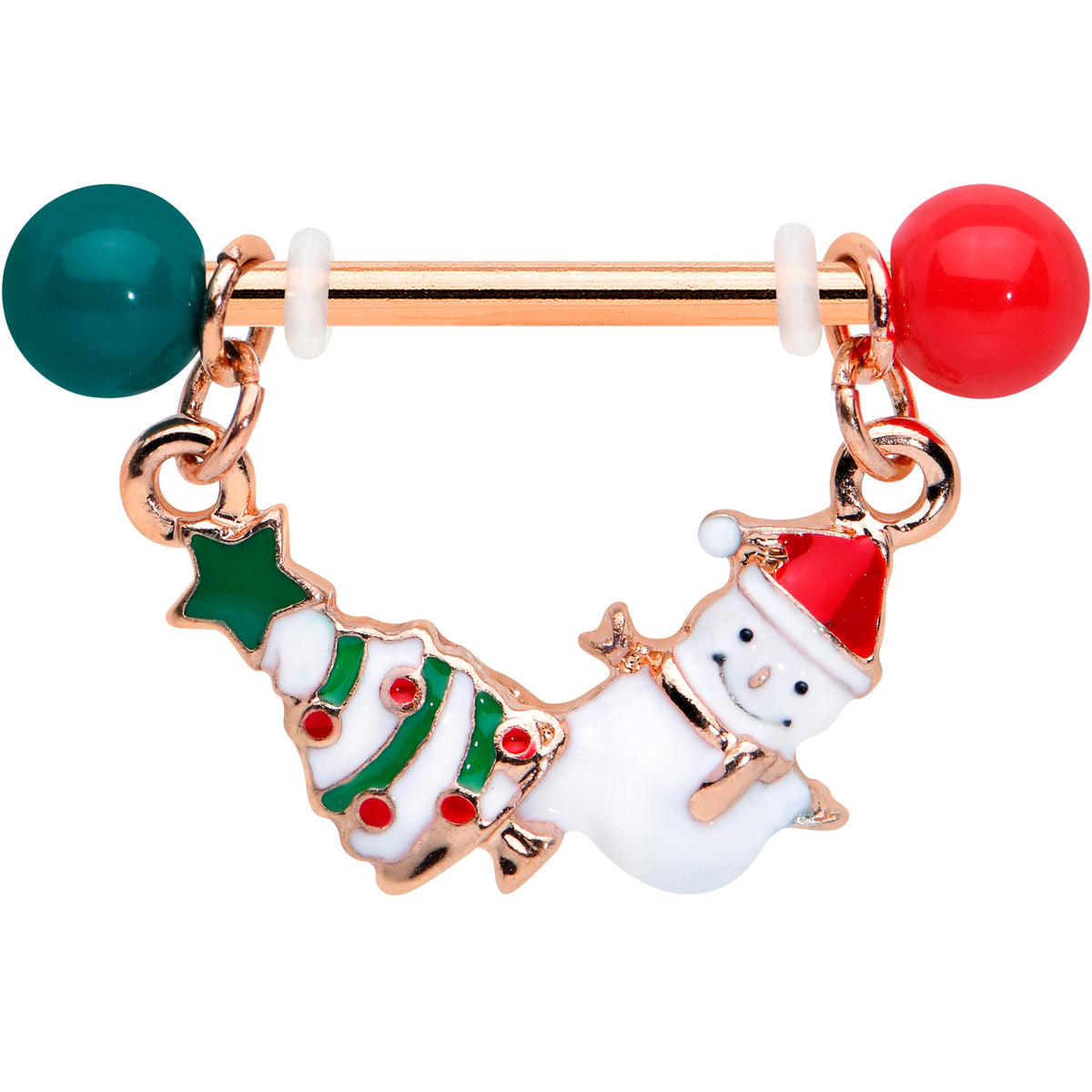 14G 1/2 Red Green Rose Gold Tone Christmas Tree Nipple Ring Set