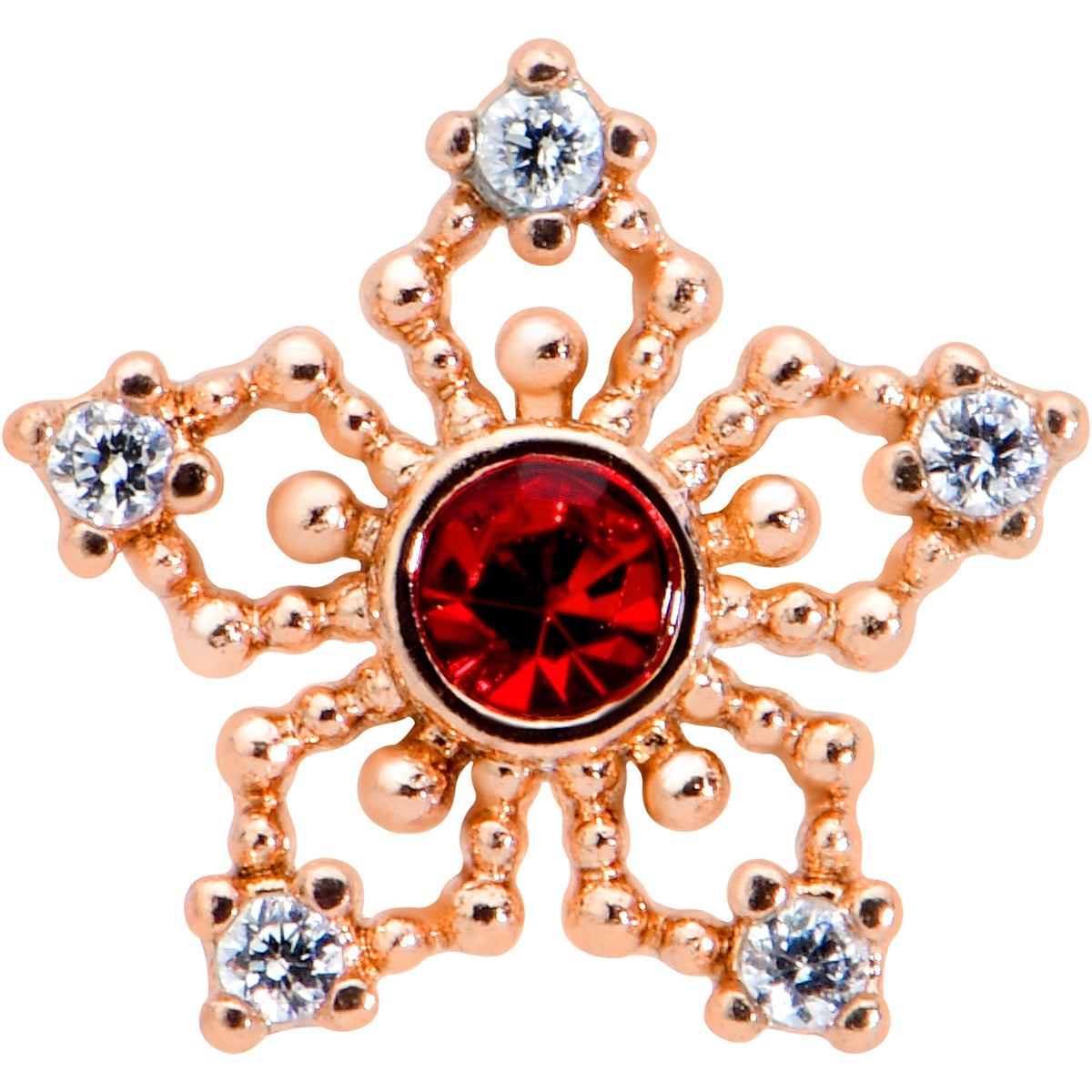 16G 1/4 Red Gem Rose Gold Tone Texture Snowflake Labret Tragus
