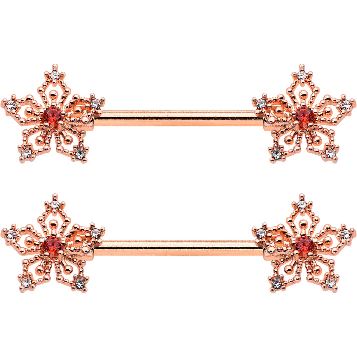14G 9/16 Red Gem Rosy Hue Texture Snowflake Barbell Nipple Ring Set