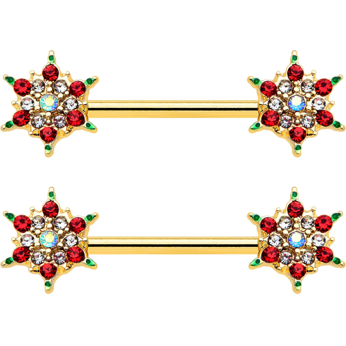 14G 9/16 Red Gem Gold Hue Bright Christmas Barbell Nipple Ring Set