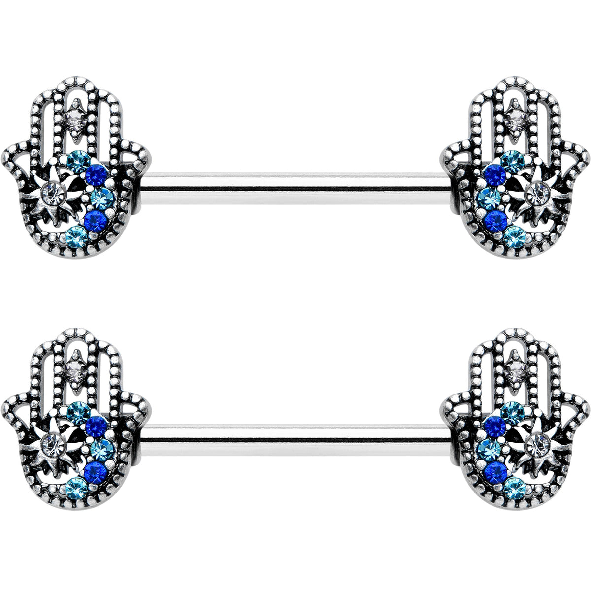 14G 9/16 Clear Blue Gem Textured Hamsa Hand Nipple Ring Set