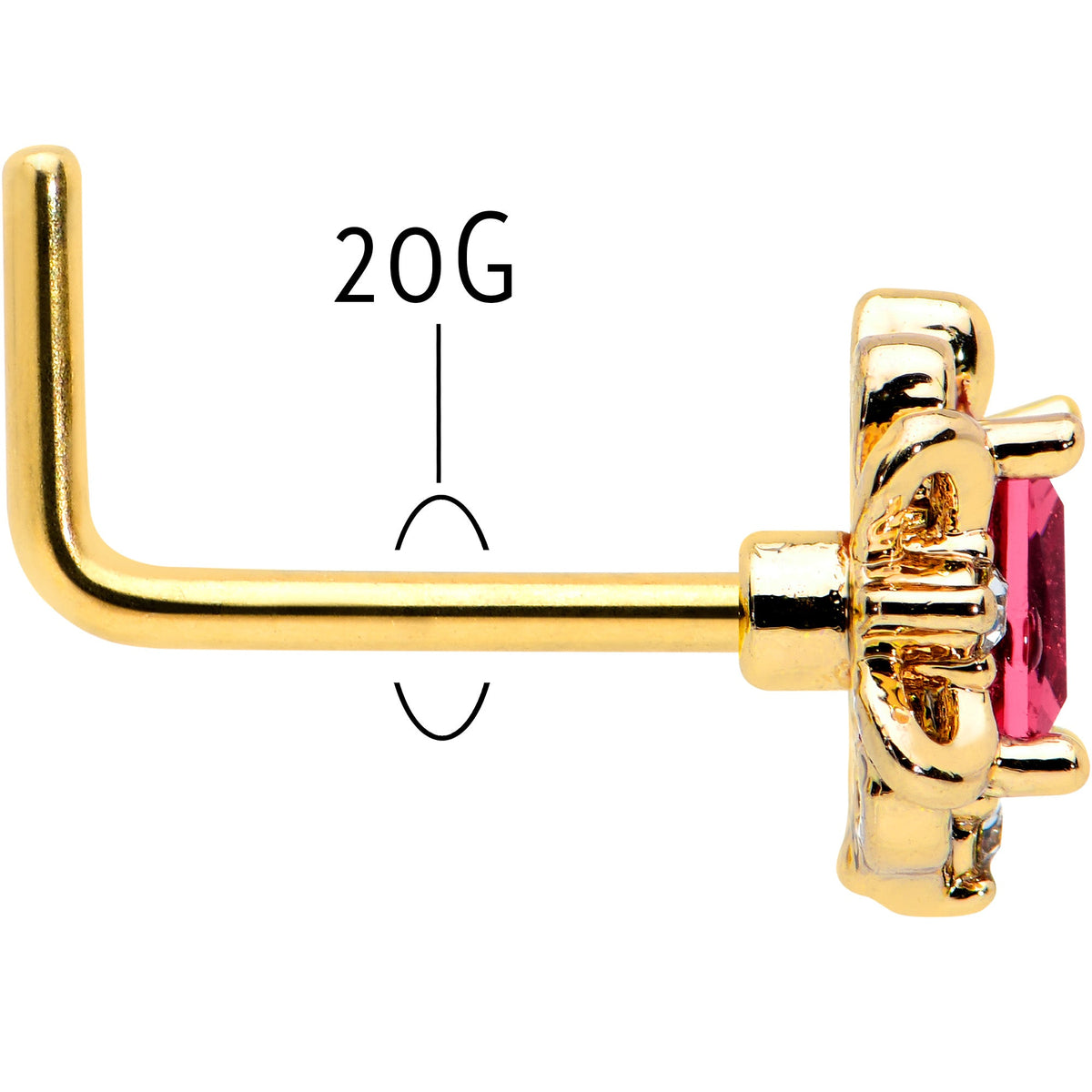 20G 7mm Red Gem Gold Tone Regal Escutcheon L Shape Nose Ring