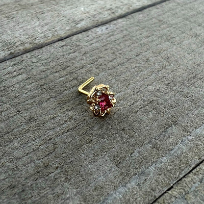 20G 7mm Red Gem Gold Tone Regal Escutcheon L Shape Nose Ring