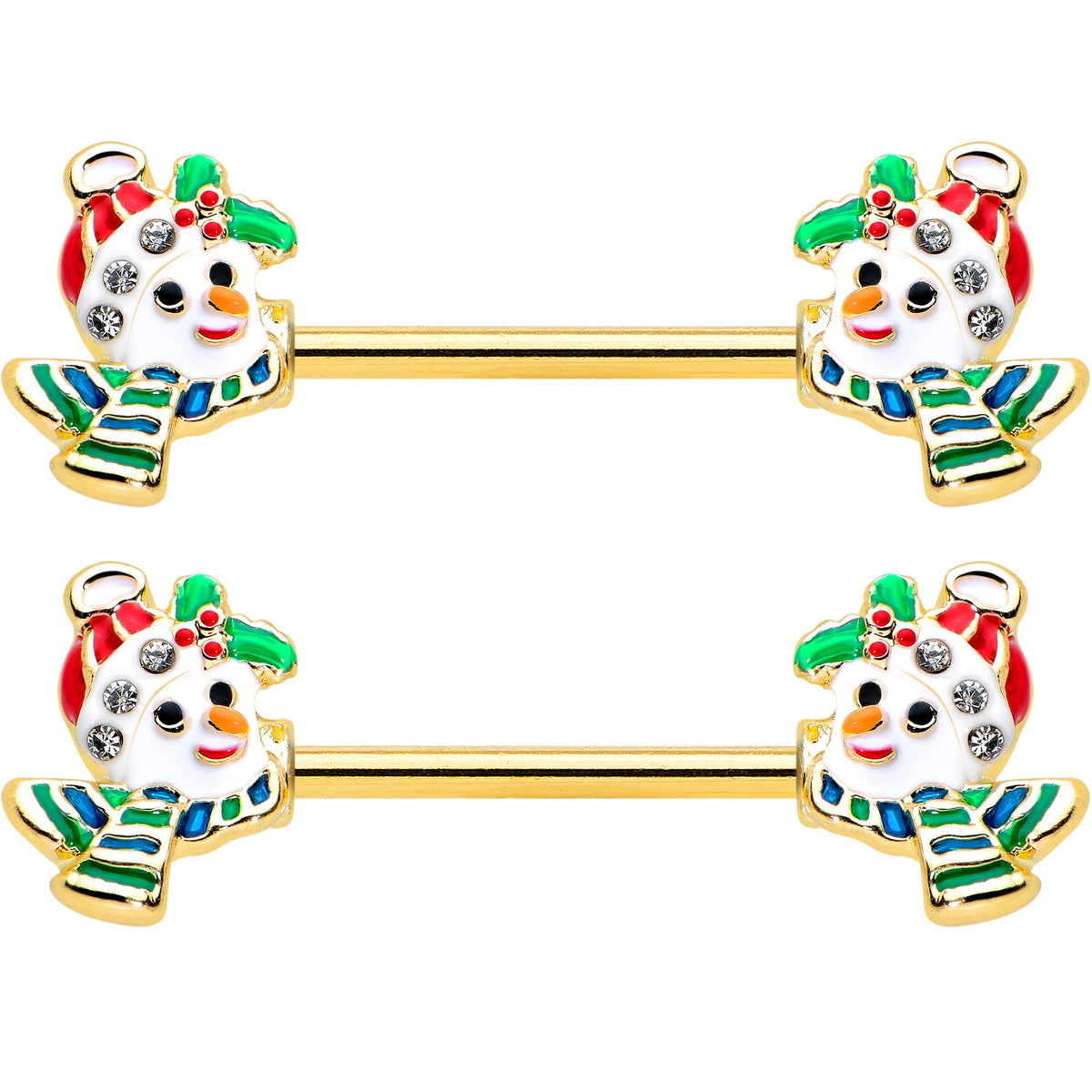 14G 9/16 Clear Gem Gold Tone Snowman Christmas Nipple Ring Set