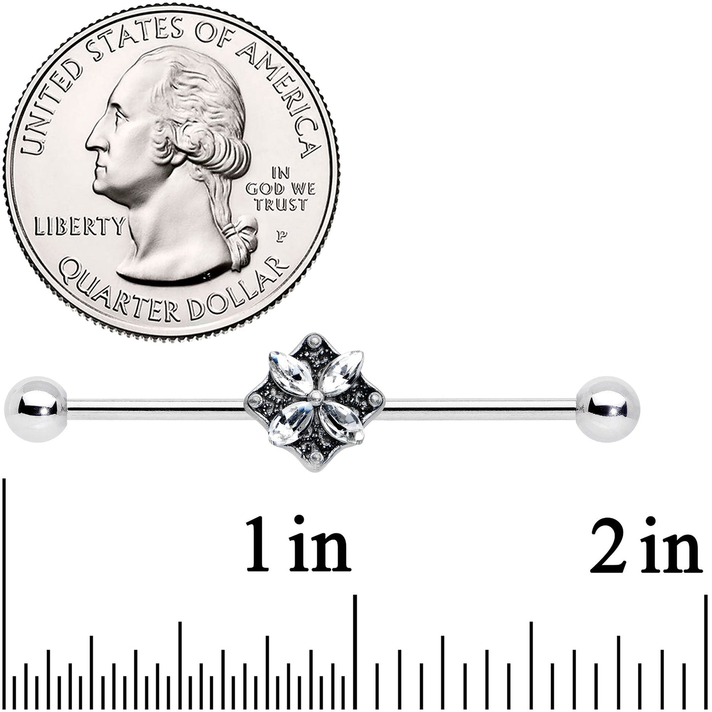 14G Clear Gem Floral Rhombus Baroque Industrial Barbell 38mm