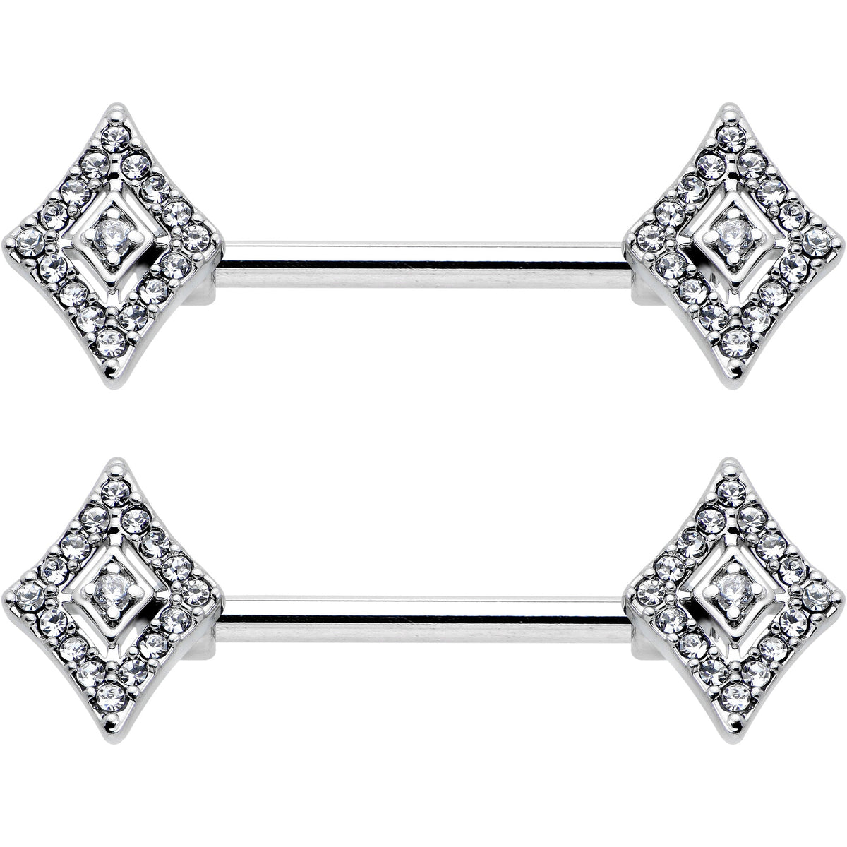 14G 9/16 Clear Gem Double Rhombus Deco Barbell Nipple Ring Set