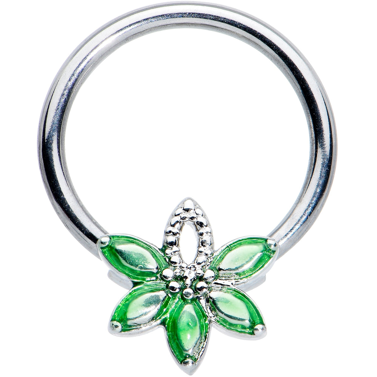 16G 3/8 Green Gem Texture Loopy Pot Leaf BCR Captive Ring
