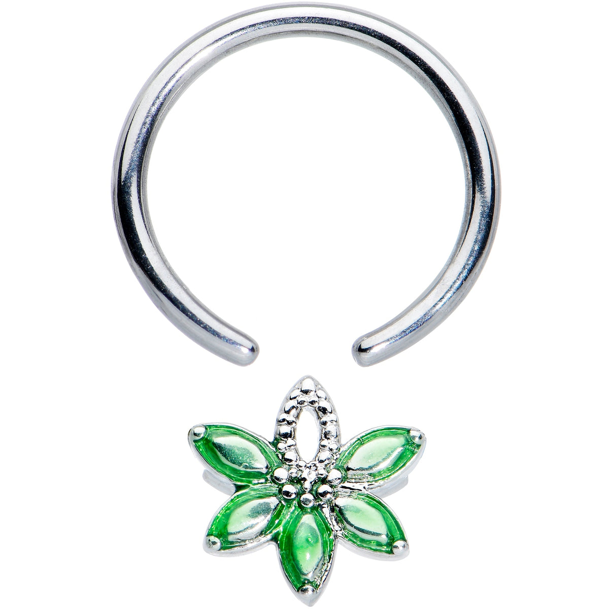 16G 3/8 Green Gem Texture Loopy Pot Leaf BCR Captive Ring