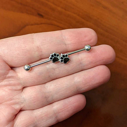 14G Textured Black Paw Prints Industrial Barbell 38mm