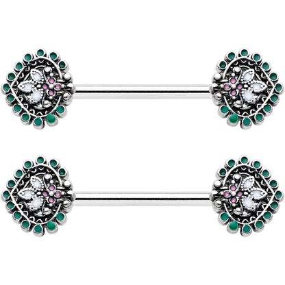 14G 9/16 Stylized Pink Green Leaf Barbell Nipple Ring Set