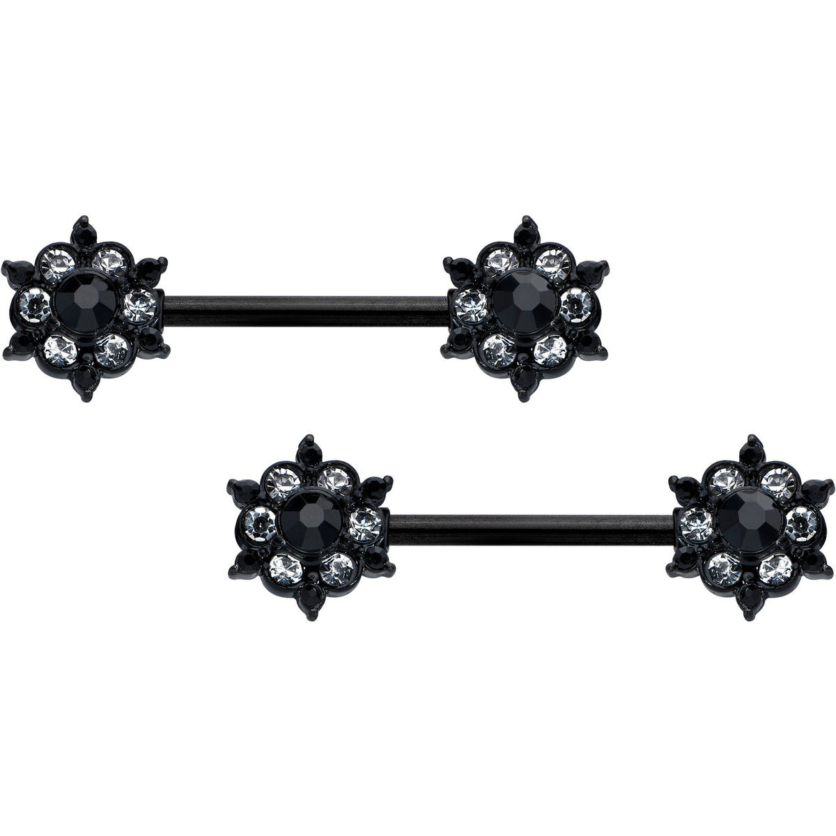 14G 9/16 Clear CZ Gem Black Abstract Sun Barbell Nipple Ring Set