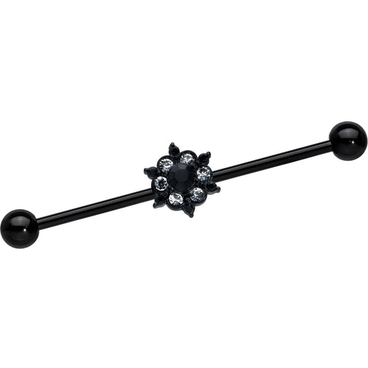 14G Clear CZ Gem Black Abstract Sun Industrial Barbell 38mm