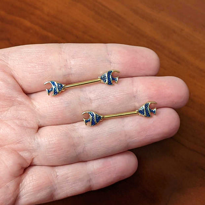 14G 9/16 Gold Tone Blue Stripe Adorable Angelfish Nipple Ring Set