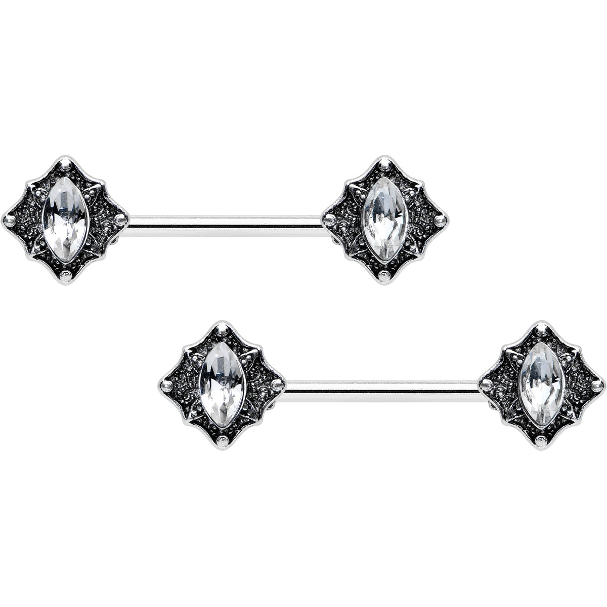 14G 9/16 Clear Gem Rhombus Retro Barbell Nipple Ring Set