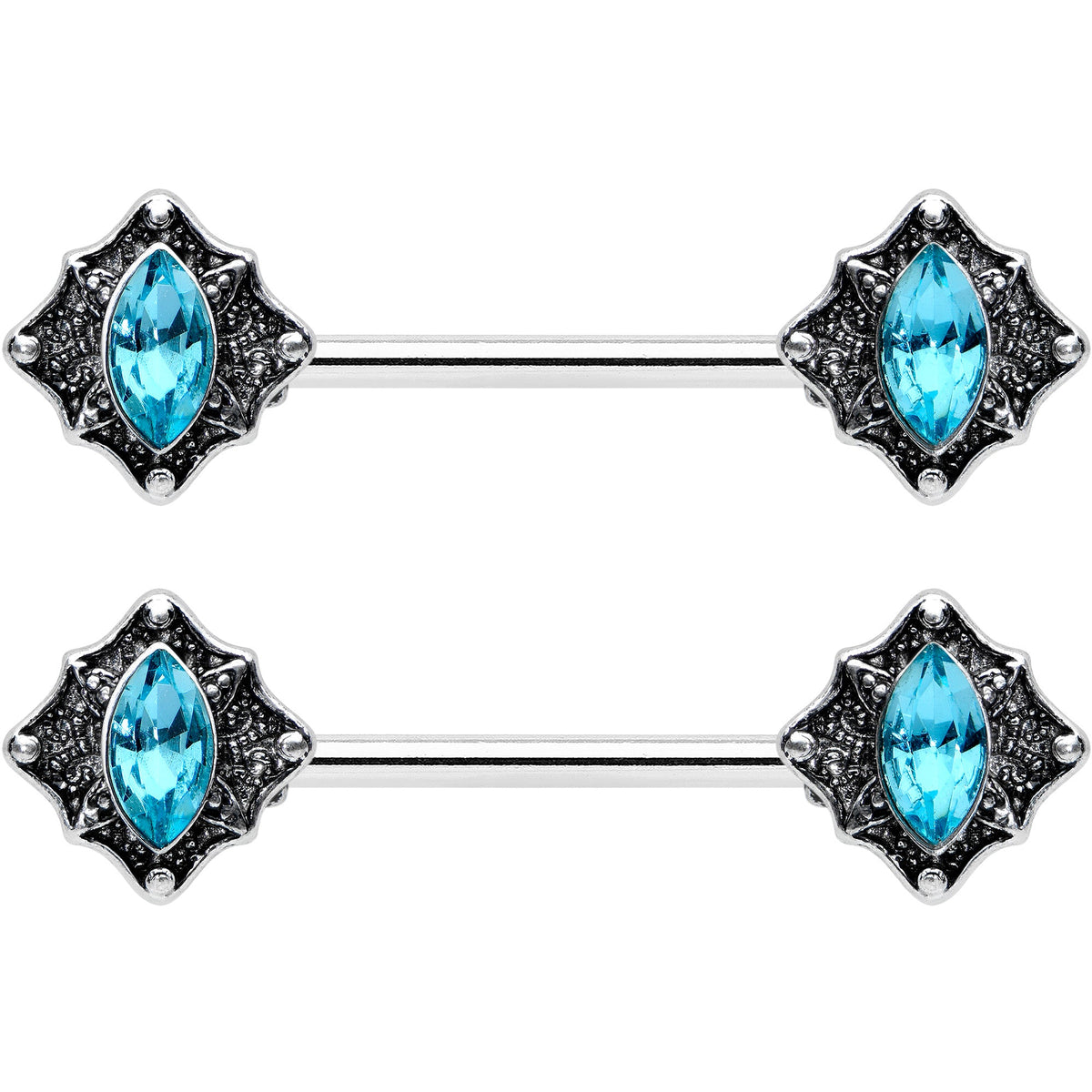 14G 9/16 Blue Gem Rhombus Retro Barbell Nipple Ring Set