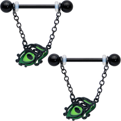 14G 5/8 Black Striking Peacock Feather Dangle Nipple Ring Set