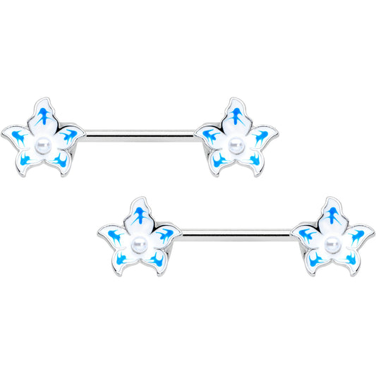 14G 9/16 Pearlescent Orb Flower Blue Barbell Nipple Ring Set
