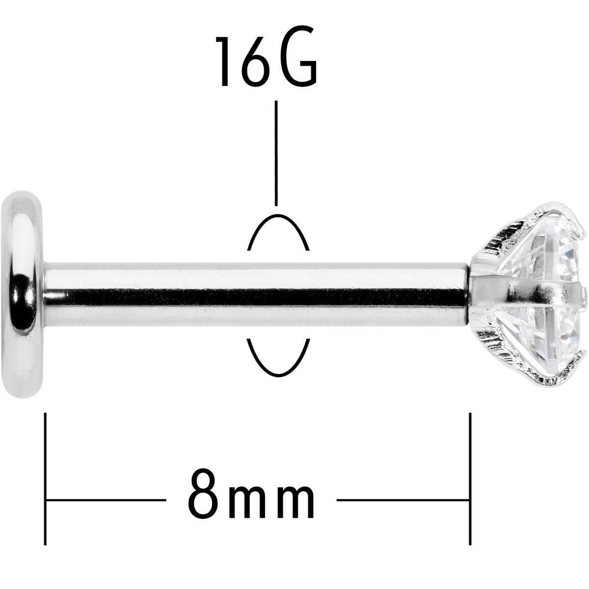 16G 5/16 Clear Gem Round End Internally Threaded Labret Tragus