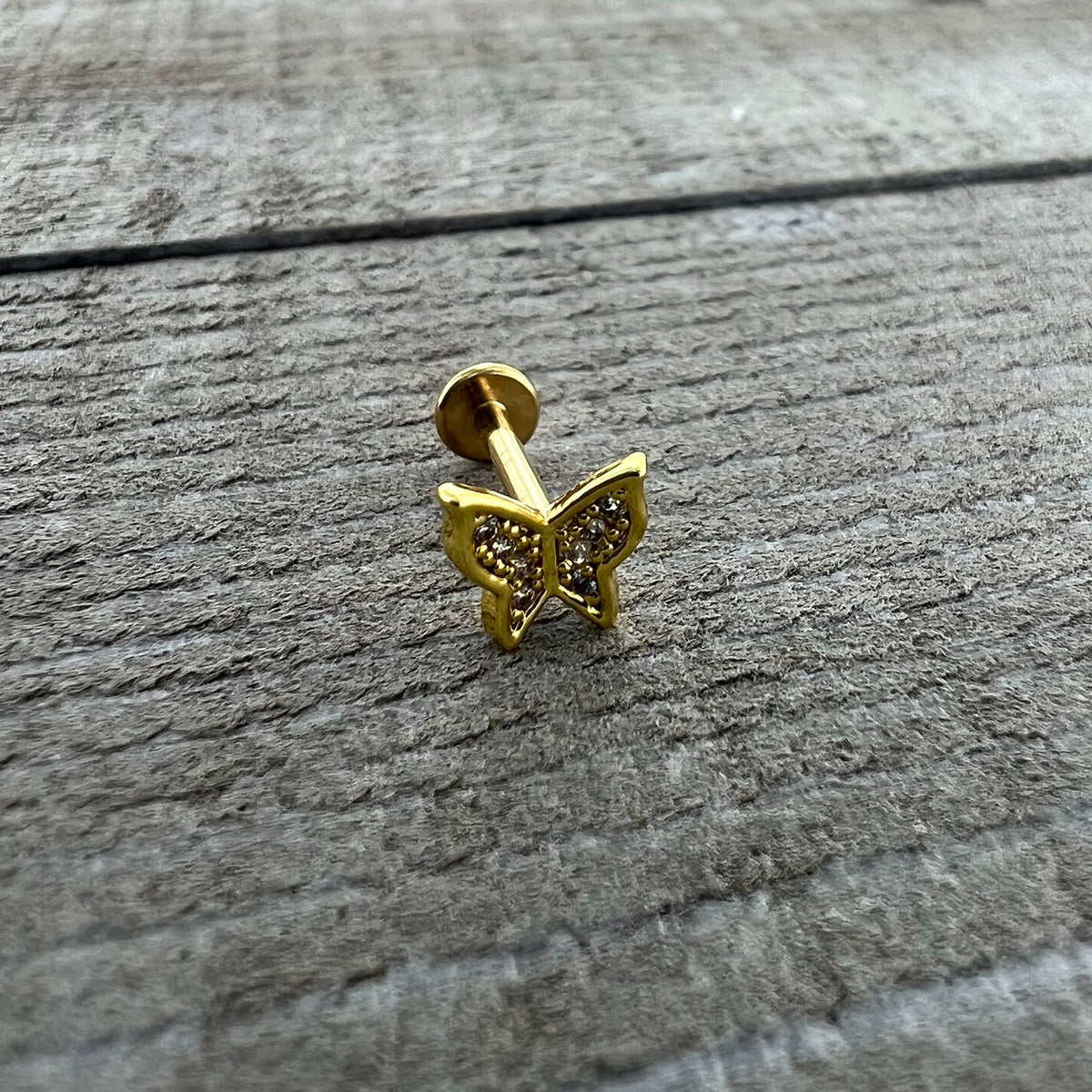 16G 5/16 Clear Gem Gold Tone Butterfly Internally Threaded Labret