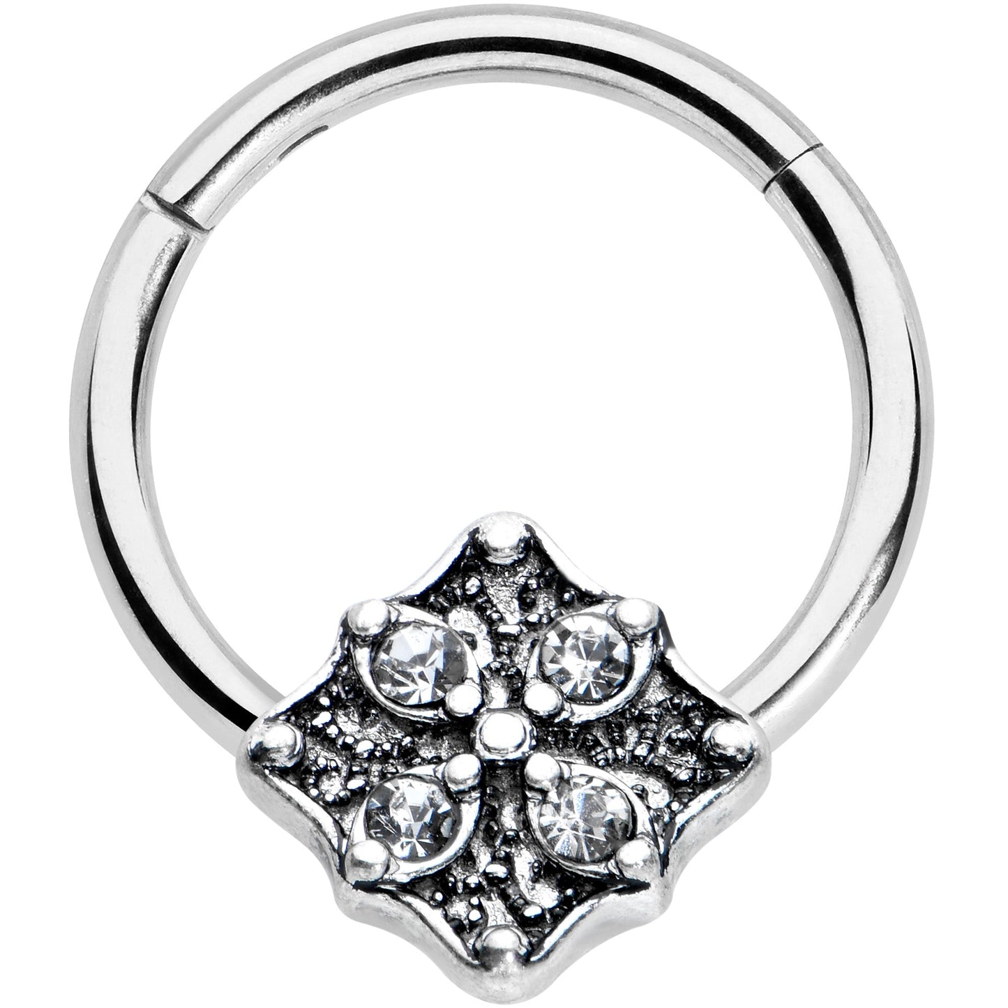 16G 3/8 Clear Gem Rhombus Flower Hinged Segment Ring