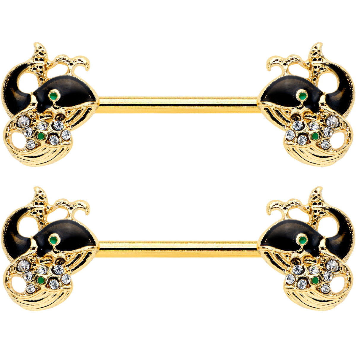 14G 9/16 Clear Gem Gold Tone Mom Baby Whale Nipple Ring Set
