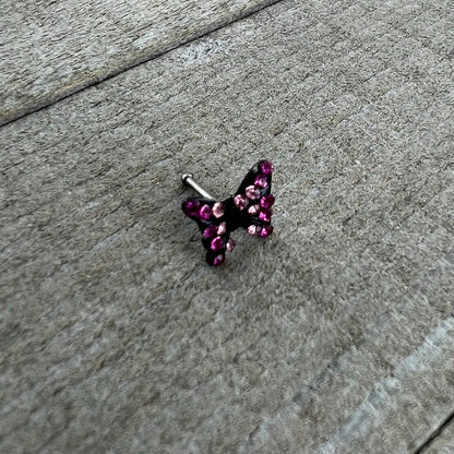 20G 1/4 Pink Gem Midnight Black Butterfly Nose Bone