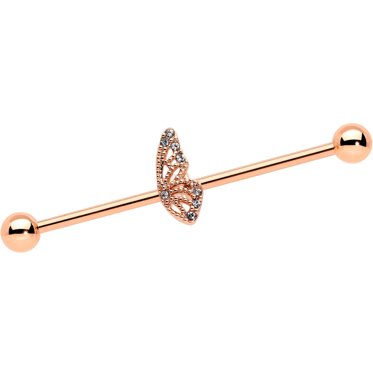 14G Clear Gem Rose Gold Tone Texture Wing Industrial Barbell 38mm