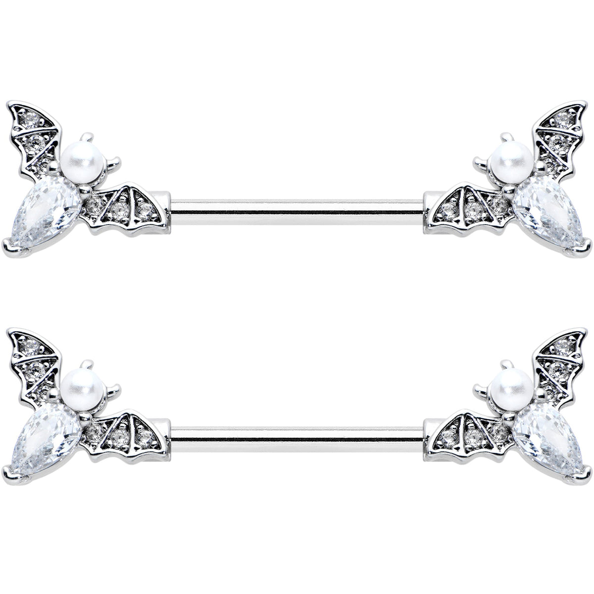 14G 9/16 Clear Gem Flying Bats Halloween Barbell Nipple Ring Set