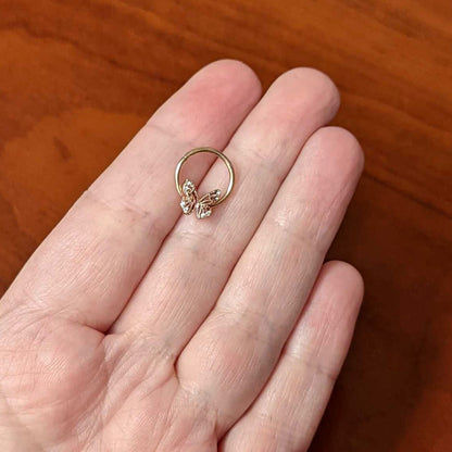 16G 3/8 Clear Gem Rose Gold Hue Air Butterfly Hinged Segment Ring